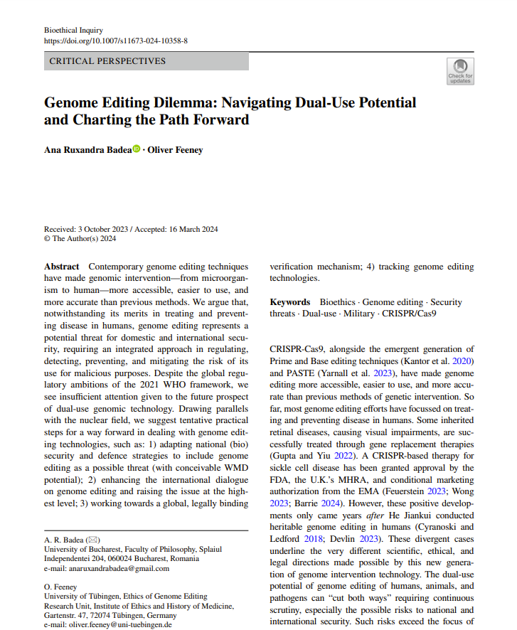 Oliver Feeney (@feeneyoliver) on Twitter photo Delighted to announce our new paper with lead author Ana Ruxandra Badea - one of our very talented <a href="/UNIBUC/">UNIBUC</a> participants from our first <a href="/civis_eu/">CIVIS - Europe's Civic University Alliance</a> <a href="/GenomeEdit/">Ethics&GenomeEditing</a> science, ethics and governance of human genome editing summer programs in <a href="/MedTuebingen/">Faculty of Medicine Tuebingen</a>. Delighted to announce our new paper with lead author Ana Ruxandra Badea - one of our very talented <a href="/UNIBUC/">UNIBUC</a> participants from our first <a href="/civis_eu/">CIVIS - Europe's Civic University Alliance</a> <a href="/GenomeEdit/">Ethics&GenomeEditing</a> science, ethics and governance of human genome editing summer programs in <a href="/MedTuebingen/">Faculty of Medicine Tuebingen</a>.