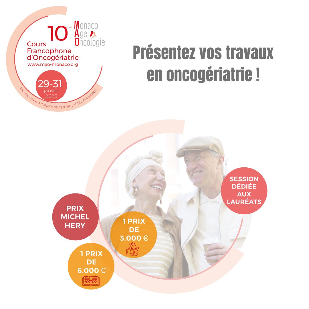 MonacoCancero's tweet photo. 📢 Appel à communications: présenter vos travaux en oncogériatrie au #MAO2025
🏆 1 prix 6.000 euros: publication d’un article
🏆 1 prix 3.000 euros pour un travail original
Informations 👉 https://t.co/Nq1wA52B8k
#abstract #appelaprojet #oncogeriatrie #cancerologie https://t.co/QZNv8R8zGb