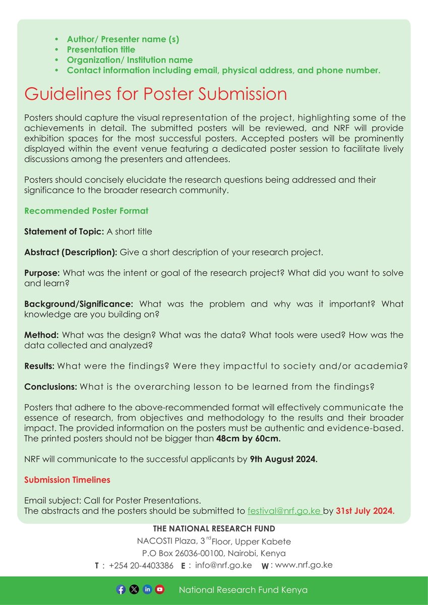 The <a href="/nrfkenya/">National Research Fund Kenya</a> in collaboration with Young Scientists Kenya (YSK) will host the inaugural Kenya National Research Festival under the overarching theme “Research Partnerships and Collaborations for Socio-Economic Transformation”. 
Below, is the call for abstracts and guideline for