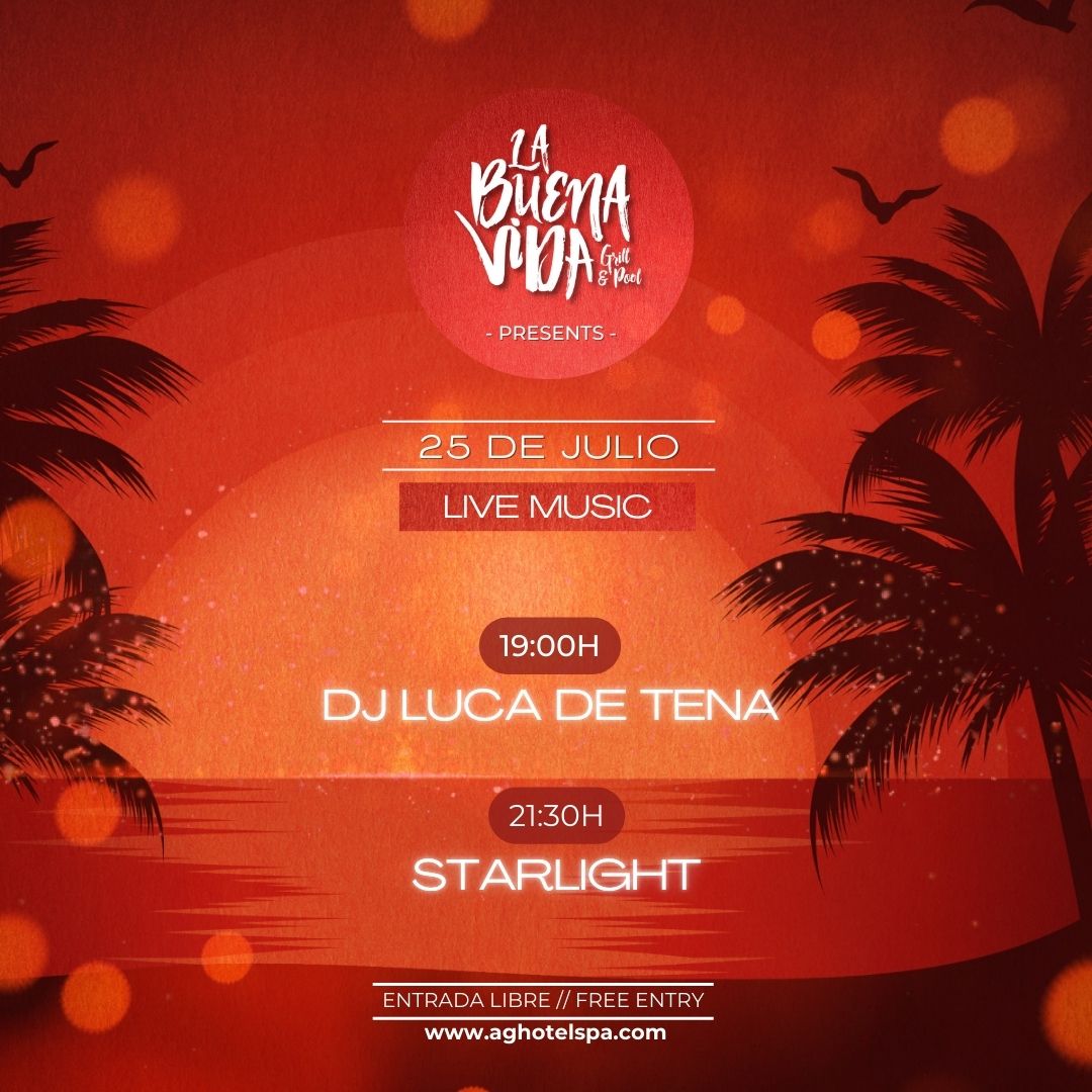 ¡Agenda de conciertos de esta semana! Porque los tardeos AGH en la terraza de La Buena Vida ya no necesitan presentación 😊 Recuerda: entrada gratuita y abierta a todos, ¡estés alojado o no en el Arrecife Gran Hotel &amp; SPA!