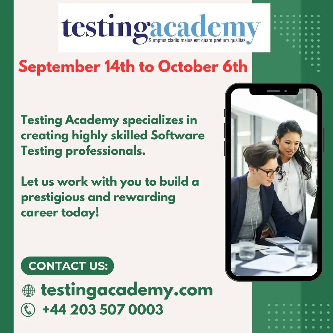 TestingAcademy's tweet photo. Ready to elevate your career?
Our comprehensive Software Testing courses are designed for all levels.
Learn from the best at Testing Academy! ๐๐
Call the number on the flyer to book your place now!
#testingacademy #SoftwareTesting #TechCareers #QATraining #CareerGrowth https://t.co/RXN1nWfVM9