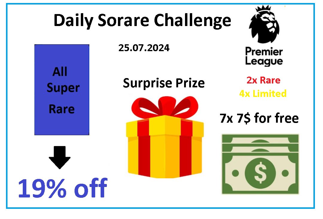 PawelTrader_'s tweet image. Its time for Daily @Sorare Challenge 25.07.2024 📢

1⃣ 2 x Rare + 4 Limited Cards from Premier League for 6 random people who make at least one transaction with me within 24 hours 💯
2⃣ Swap all my Super Rare Cards for 110% of Your cards value 👍
3⃣ 7$ for 7 random people and one…