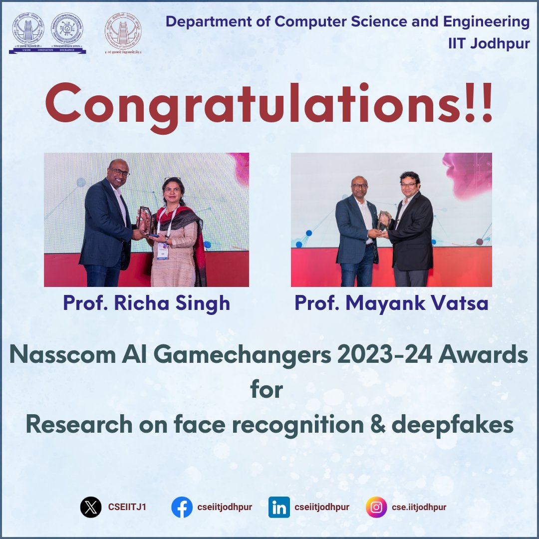 CSEIITJ1's tweet image. @MayankVatsa3 and @RichaSingh26 make us proud!!

#iitjodhpur #cseiitjodhpur #facultyachievement #happydays