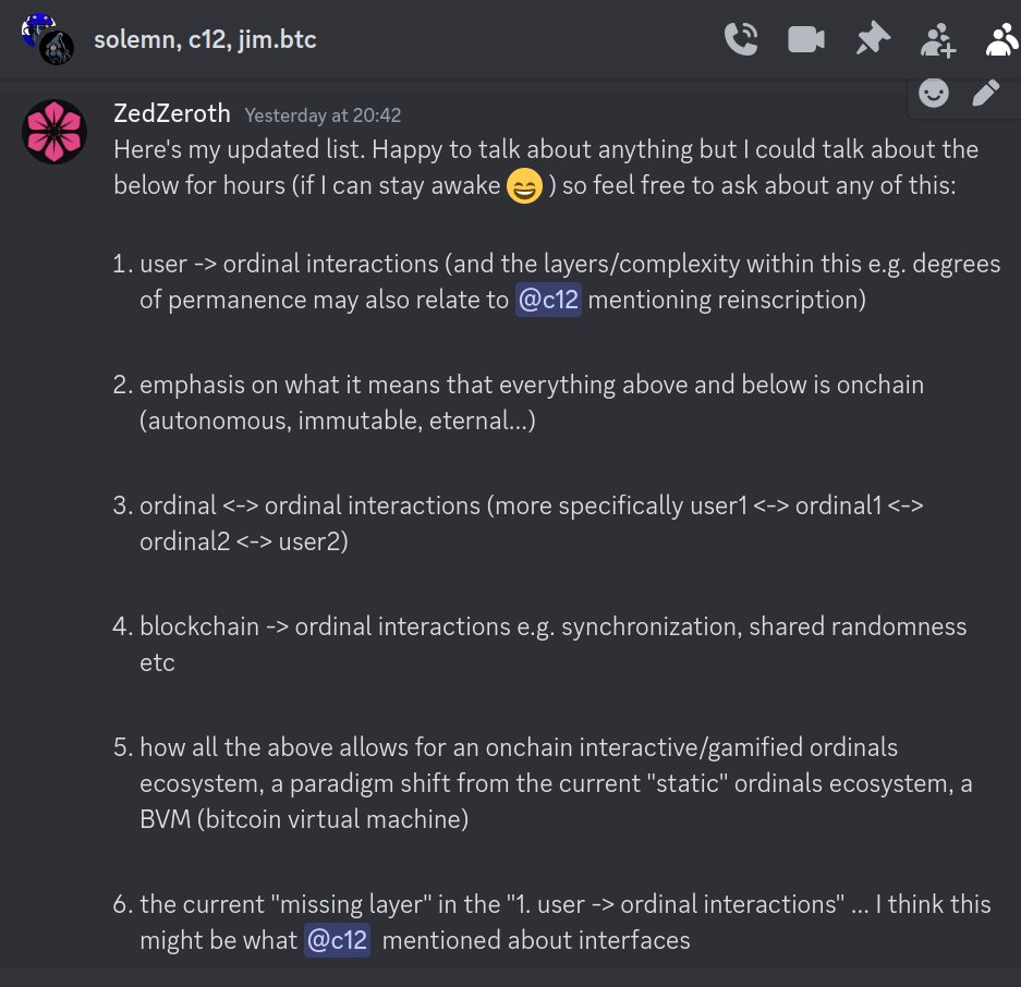 ZedZeroth's tweet image. People are missing the bigger picture.

#Modscription + #Coordinals = #BitcoinVirtualMachine

You use a #Bitcoin TX to tell your ordinal to do something (user input/command). Not only does your ordinal respond to you, but other people's ordinals respond to you and your ordinal's
