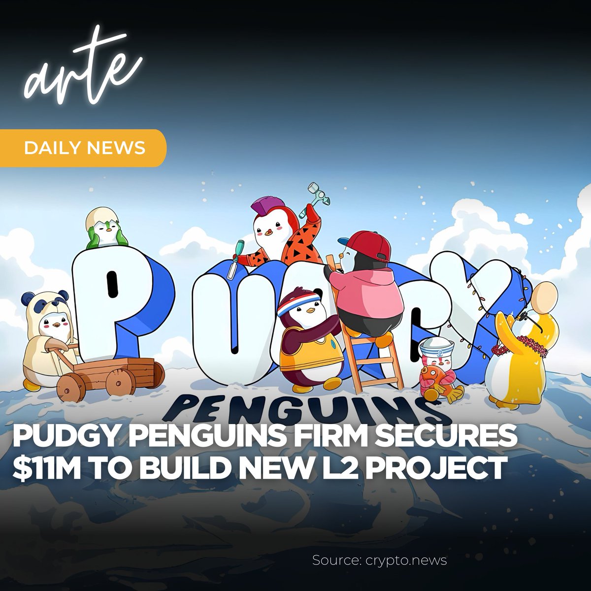 📢 arte Daily News

<a href="/pudgypenguins/">Pudgy Penguins</a> firm secures $11m to build new L2 project. 

<a href="/IglooInc/">Igloo</a>. secures $11 million to develop Abstract, an @Ethereum-based Layer 2 project aimed at boosting consumer crypto adoption using zero-knowledge proof technology.

tinyurl.com/bddkk2kz