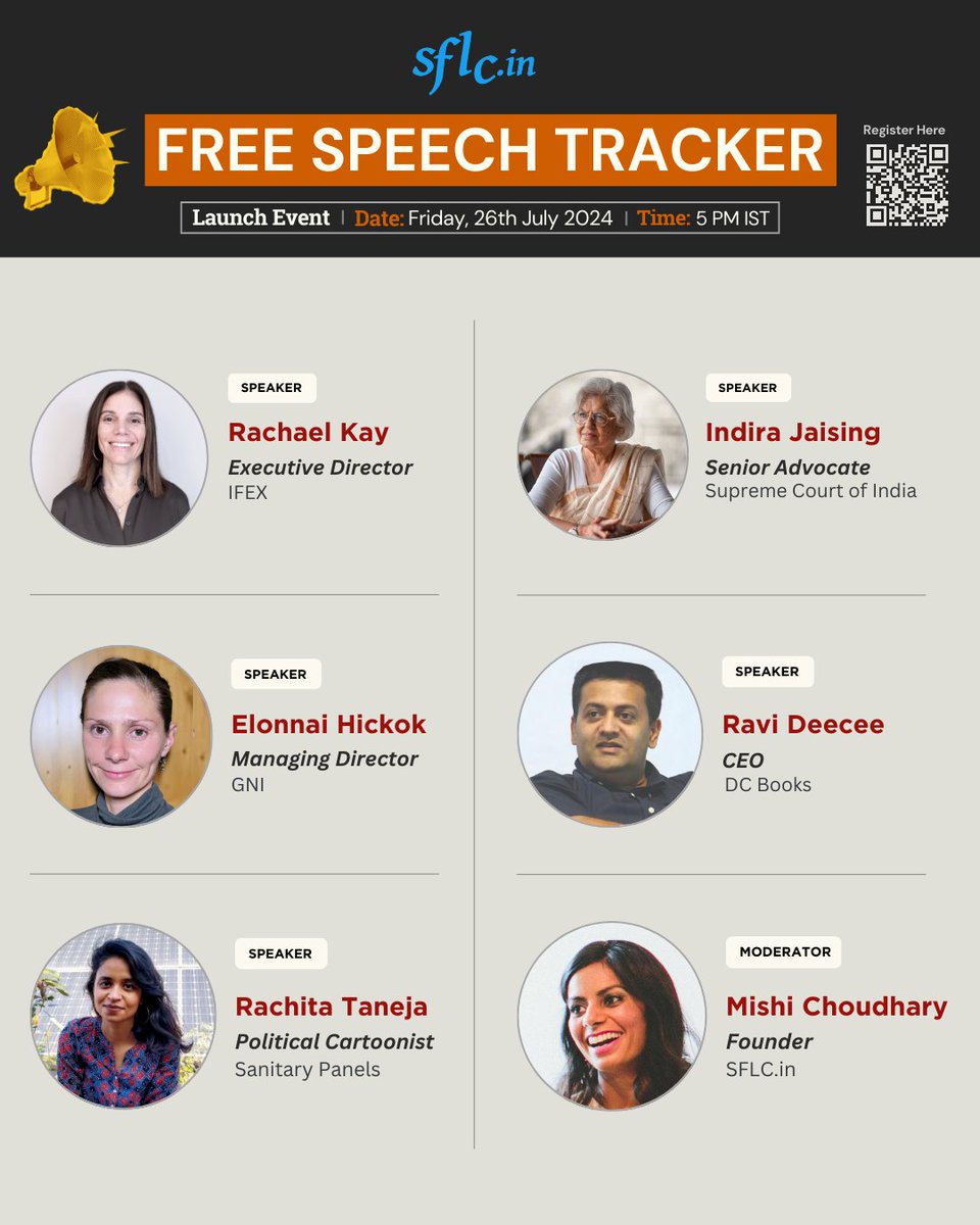 SFLCin's tweet photo. #HappeningTomorrow #RegisterNow 

@SFLCin is all set to launch its #FreeSpeechTracker 2.0 on July 26th at 5 PM IST.

Register Now: https://t.co/JHATBUiAI1

Deadline: Tomorrow, 1 PM IST.

Set the reminder!

@IFEX 

#SFLCin #India #FreeSpeech #FreeSpeechMatters #FreedomOfExpression #Censorship #blocked #BANNED #censored