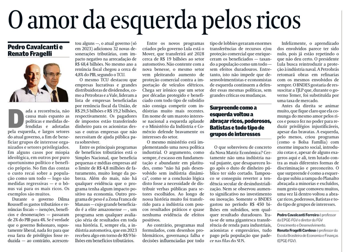 Gostaria de ter escrito este artigo impecável do ⁦<a href="/pcgFerreira/">Pedro Cavalcanti Ferreira</a>⁩ e do Renato Fragelli. Só não digo que “vale a pena”, porque não há “pena” alguma na leitura, apenas iluminação.