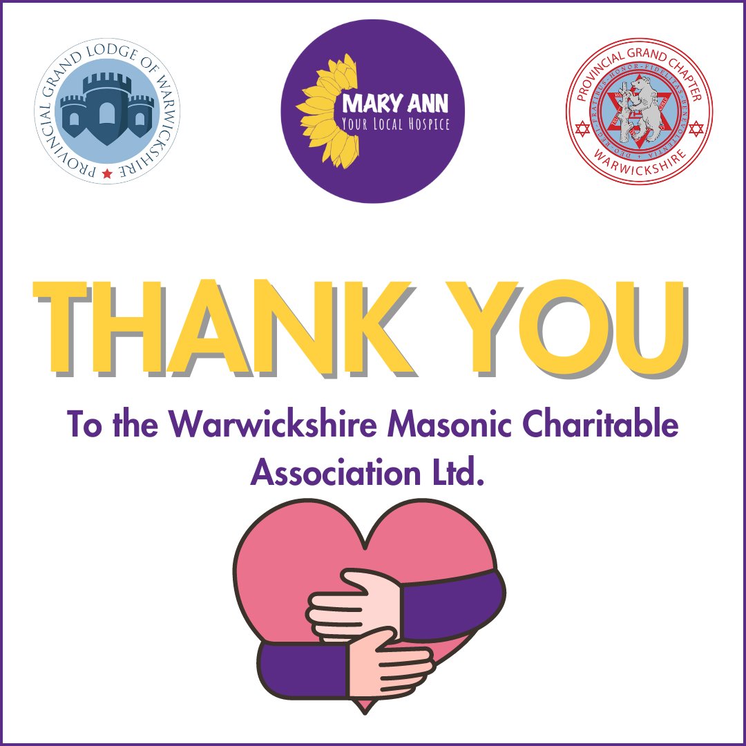 Mary Ann Evans Hospice (@maehospice) on Twitter photo We are delighted to share that the Warwickshire Masonic Charitable Association has recently donated an incredible £4,000 to Mary Ann Evans Hospice!💜
We would like to say a special thank you to @Philhall43, @Warksfreemasons, <a href="/UGLE_GrandLodge/">United Grand Lodge of England</a>, <a href="/Masonic_Charity/">Masonic Charitable Foundation</a>, @Warks_Charity.💛 We are delighted to share that the Warwickshire Masonic Charitable Association has recently donated an incredible £4,000 to Mary Ann Evans Hospice!💜
We would like to say a special thank you to @Philhall43, @Warksfreemasons, <a href="/UGLE_GrandLodge/">United Grand Lodge of England</a>, <a href="/Masonic_Charity/">Masonic Charitable Foundation</a>, @Warks_Charity.💛
