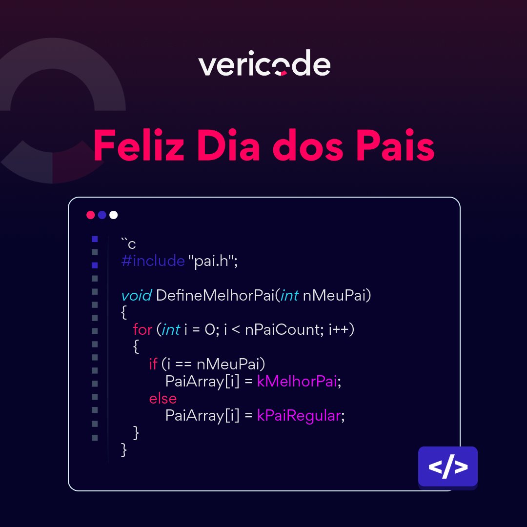 VericodeIT's tweet image. No Dia dos Pais, a lógica é simples: todos são incríveis, mas o meu é o melhor! 🥇
Hoje, celebramos esses verdadeiros heróis que, com amor e dedicação, compilam nossas vidas com felicidade e segurança. 💻
Feliz Dia dos Pais a todos os programadores da vida!