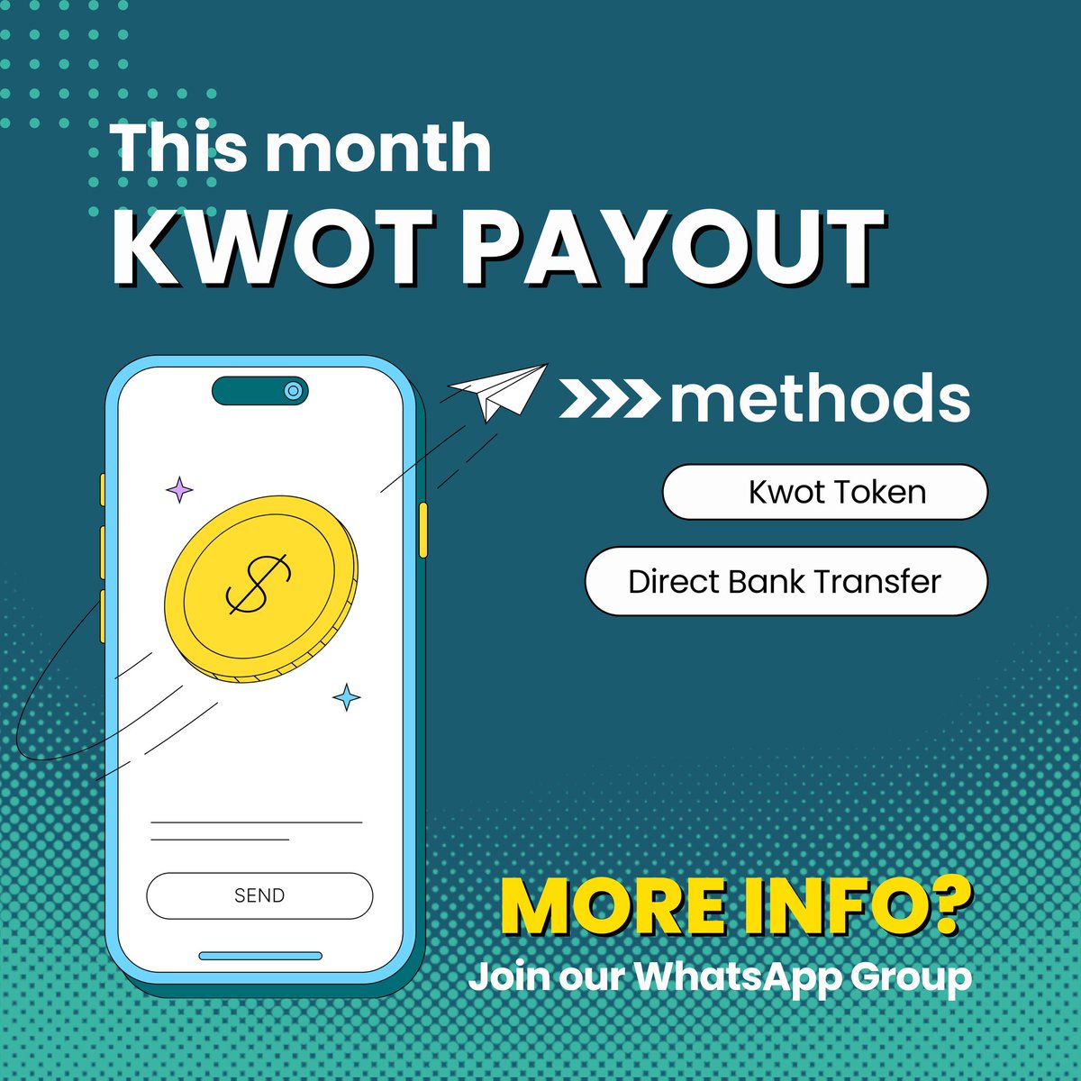 Dear Kwoters,

Here's an important update for this month revenue payout:

Our creators will be receiving their money through the following method 

1: Withdrawable Token
2: Direct Bank Transfer

To know more, please join our WhatsApp creators.
chat.whatsapp.com/FyRYYYyneci4QA…