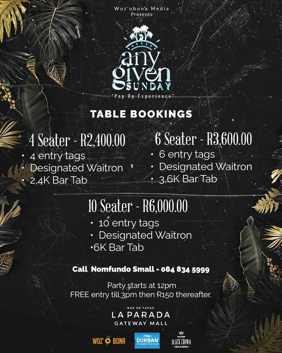 WozobonaMedia's tweet image. This Sunday we’re out @ LAPARADA (Gateway) for the #AnyGivenSundayDBN. Come join us for lunch then let’s dance the afternoon into the evening 💃🏾🎯