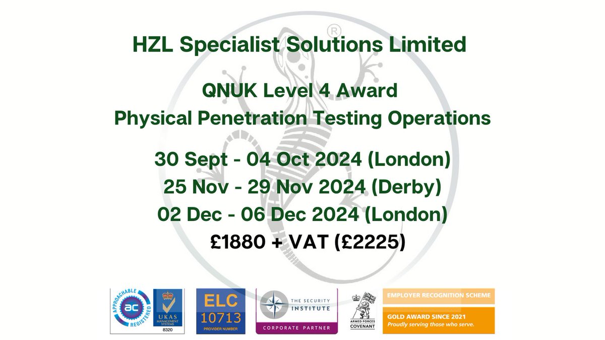 Dates for the next 3 Physical Penetration testing Courses.

#physicalpenetrationtesting #pentesting #physicalpenetrationtestingcourse #redteaming #CPD #blackbox #greybox #buildingsecurity #redteam #protectivesecurity #HZL #HZLspecialistsolutions #hzlgroup
