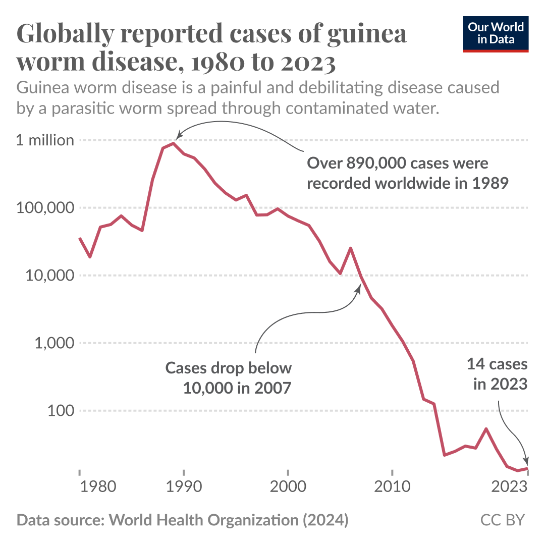 OurWorldInData's tweet photo. Cases of guinea worm disease have fallen dramatically in recent decades. According to the WHO, over 890,000 cases were recorded worldwide in 1989. As you can see on the chart — which we just updated with the latest data — only 14 human cases were reported in 2023.

Guinea worm disease is caused by the parasitic guinea worm, which mainly spreads through stagnant water sources like ponds. The worm’s larvae enter the human body when a person drinks contaminated water, after which they penetrate the digestive tract to mature and reproduce within the body.

Around a year after the initial infection, the adult female breaks through the skin's surface, creating a painful blister through which it gradually emerges over several weeks. When it comes into contact with water, it releases new larvae and continues its life cycle.

The disease was previously endemic in over 20 countries in South Asia and Africa. An international eradication campaign has substantially decreased the number of cases by improving access to clean drinking water and actively monitoring and containing cases in endemic regions.

(This Data Insight was written by Tuna Acisu.)