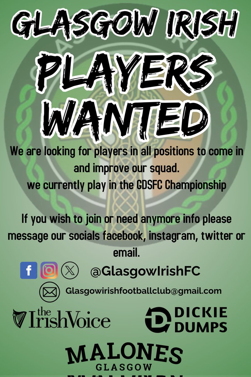 Glasgow Irish still on the look to add players to our squad for the upcoming season 24/25

We are a sunday amateur team and play in the Glasgow District Sunday Football Championship.

If anyone is interested or knows anyone interested DM us on our socials

@TeamfinderScot1