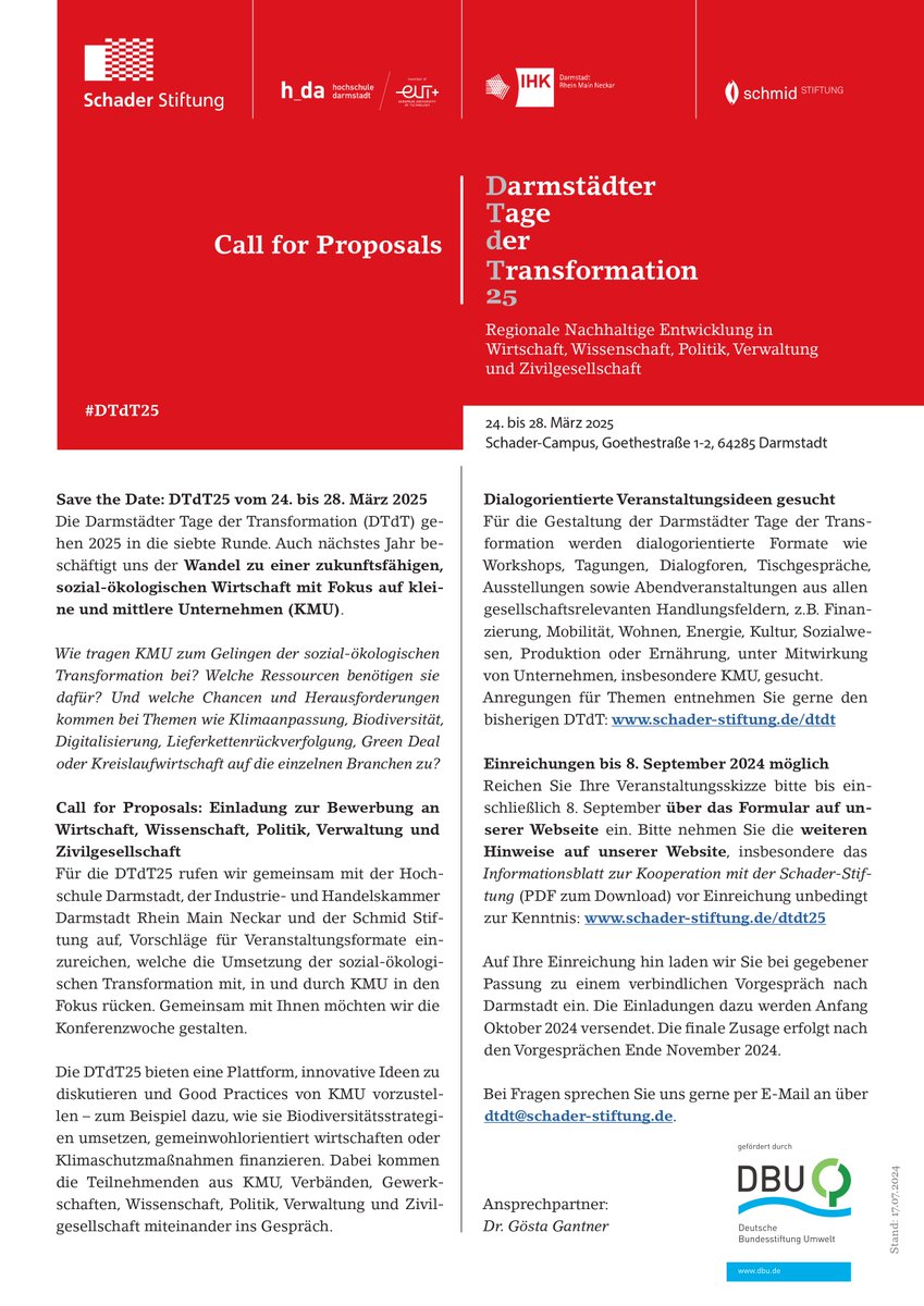 #NachhaltigesWirtschaften in kleinen und mittleren Unternehmen treibt Euch um? Ihr forscht zur sozial-ökologischen #Transformation oder begleitet Unternehmen bei ihrem Weg hin zu einer zukunftsfähigen, sozial-ökologischen Wirtschaft?

Hier ist der Call for Proposals der #DTdT25