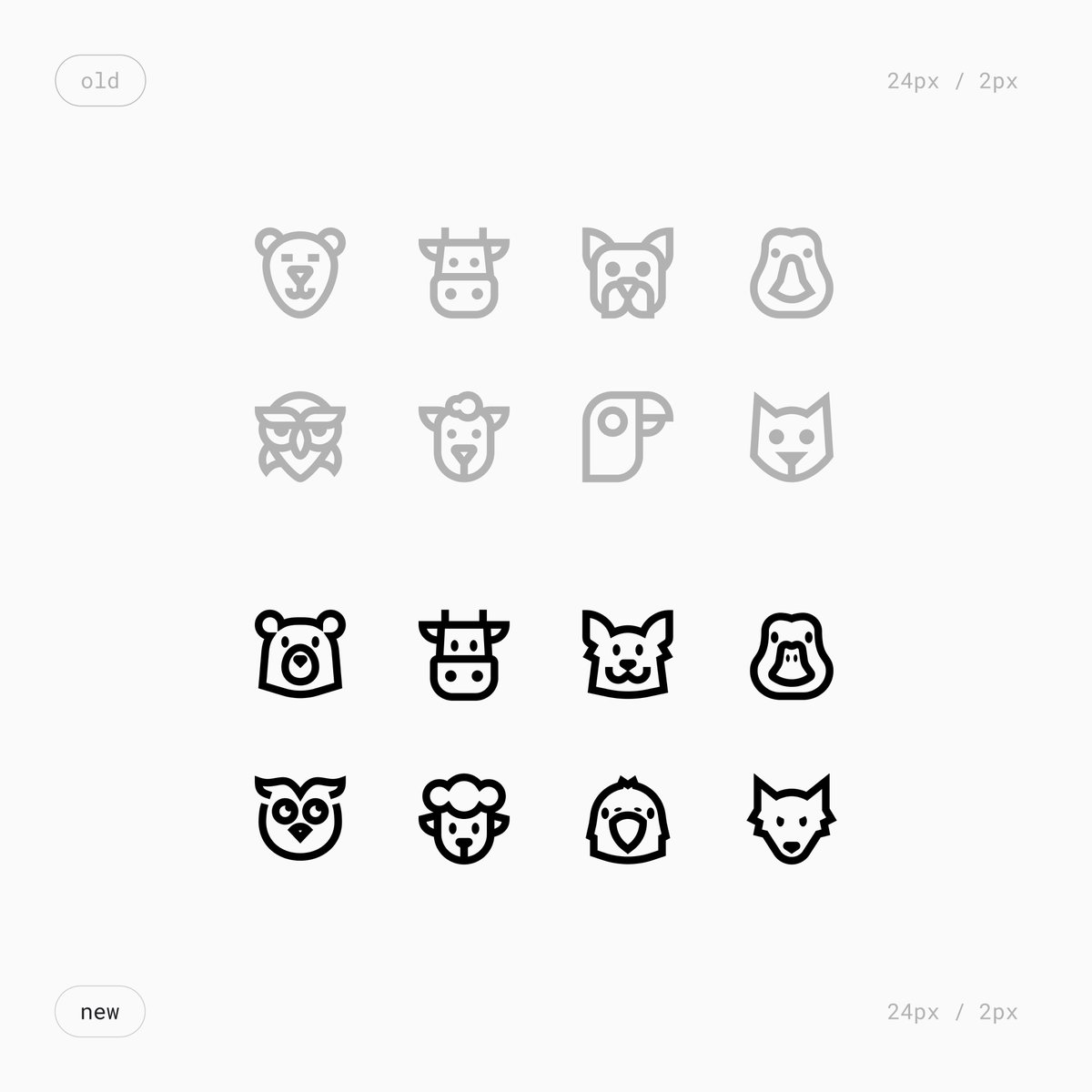 VladimirSDesign's tweet image. I'm continuing to work on the animal icons. It's hard to fit on a 24 px grid, with a 2 px stroke, but I think I'm getting pretty good. The animals are getting recognisable and consistent. The owl is no longer sad )
