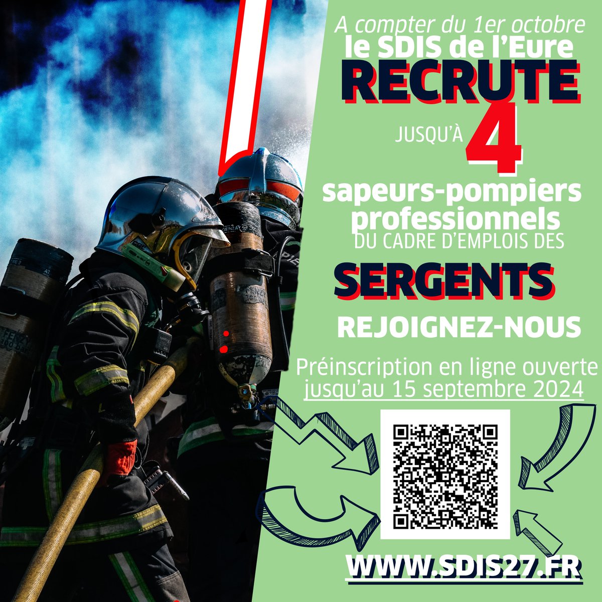 sdis27's tweet photo. #Recrutement
Le #sdis27 recrute jusqu'à 4 sapeurs-pompiers professionnels #SPP du grade de #sergent
Rejoignez-nous : Pré-inscrivez vous en ligne https://t.co/krMpQ5DE0H jusqu'au 15 septembre Découvrez l'#Eure et l'équipe du contrôleur général @ducourete74 https://t.co/kFrFv1bANa