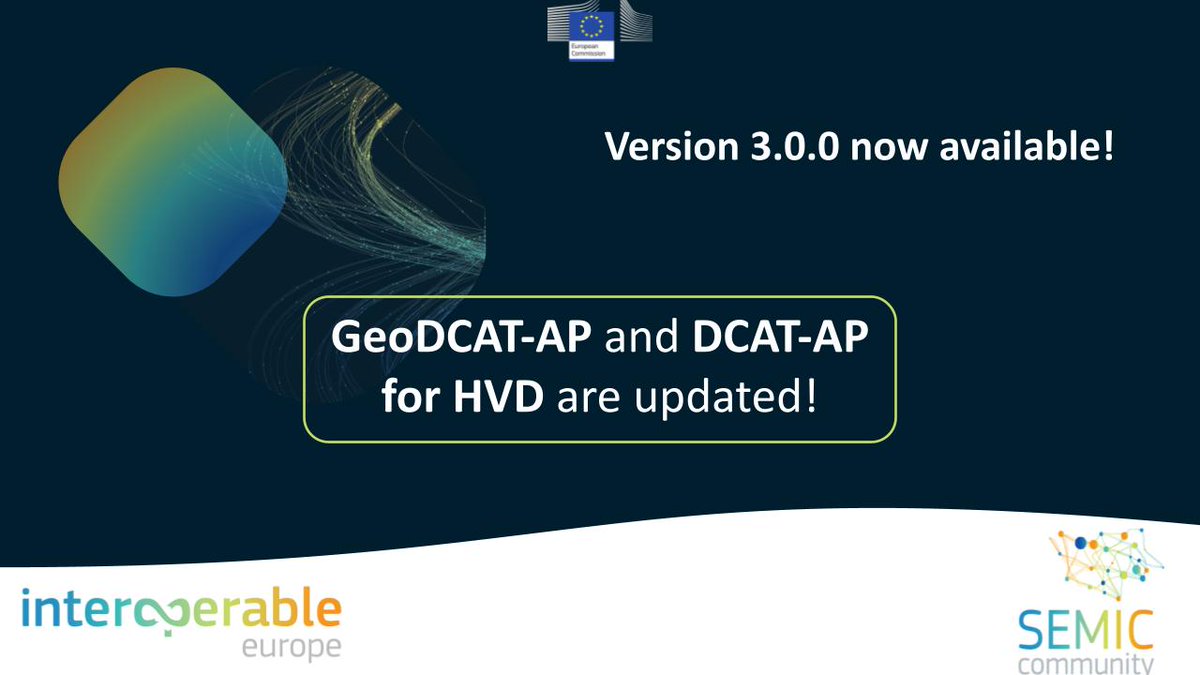 InteroperableEU's tweet image. 🚀The #SEMIC Team is proud to announce that, after several working groups, two application profiles have been updated!

1⃣ GeoDCAT-AP 3.0.0: 
👉joinup.ec.europa.eu/collection/sem…

2⃣ DCAT-AP for HVD 3.0.0: 
👉joinup.ec.europa.eu/collection/sem…

Start exploring them now!

#DCAT_AP #GeoDCAT_AP