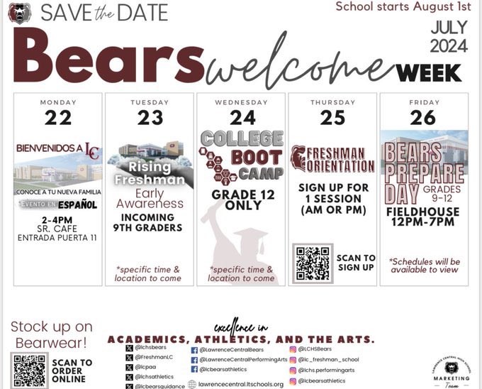 Freshman Orientation is today! Come on up to one of our sessions. Doors open at 9a.m. and again at 4p.m. Come in today to purchase your exclusive Freshman Game Day Pink Shirt that gets you in the Freshman Tailgate August 16th!!! 🐻🔥<a href="/ltgoodnews/">LT Schools</a> <a href="/LCHSBears/">Lawrence Central</a> <a href="/LCHSAthletics/">LCHSAthletics</a>