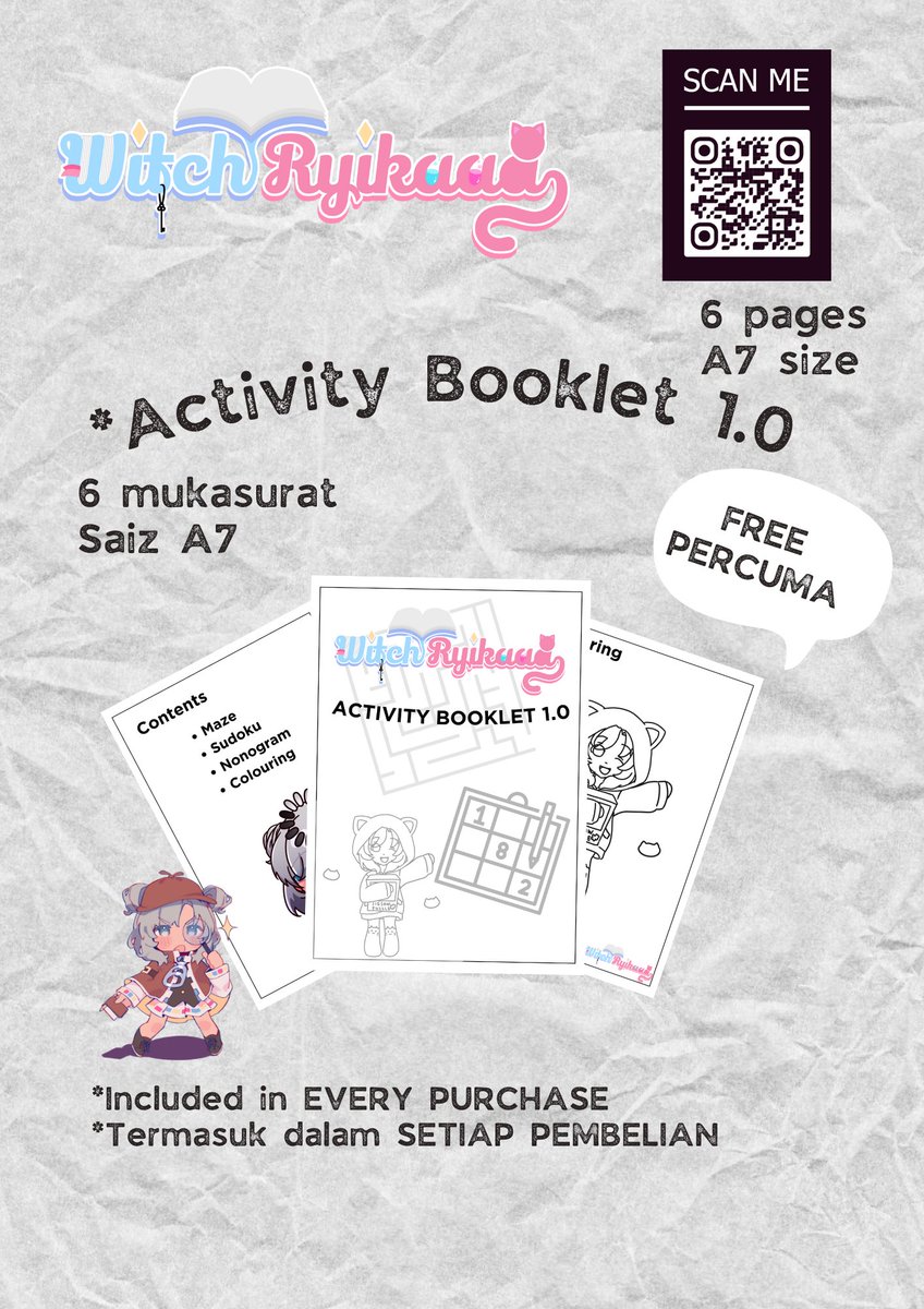 ryikaaa's tweet photo. 𝒲𝒾𝓉𝒸𝒽 𝑅𝓎𝒾𝓀𝒶𝒶𝒶 Activity Booklet 1.0
FREE to take at Animangaki, just head on to the Vtuber Alley, while Stocks last~
*Included in Every Purchase of Witch Ryikaaa's Merchandise
✏️Ball pen friendly, not so for Gel pen 🙏
#AMGVTuberAlley #AMGVTuberShowcase https://t.co/6EML05WQQh
