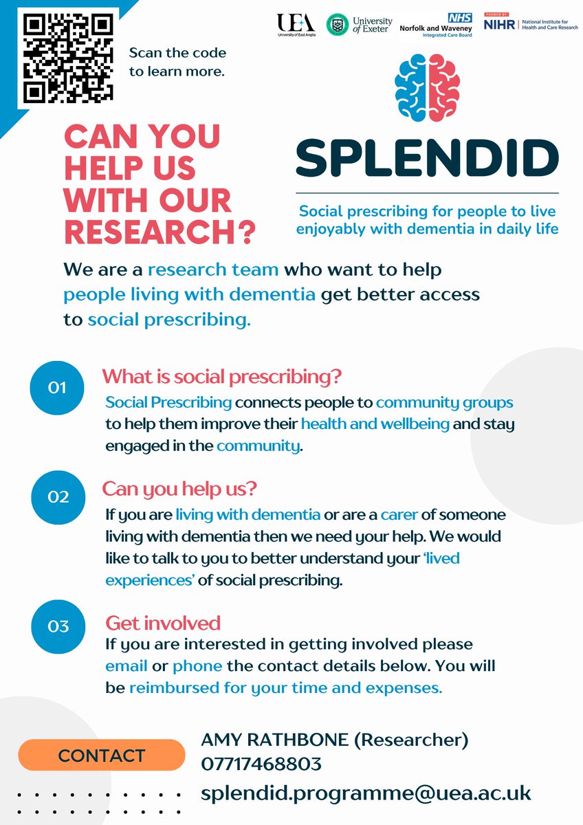 SPLENDID_prog's tweet photo. Are a person living with dementia, or their carer, and are based in Norwich, Southampton, Newcastle, Peterborough or Nottingham? Would you like to help facilitate better access to social prescribing? If yes, contact us for more information #dementia #socialprescribing #SPLENDID https://t.co/X8TNB7omMB