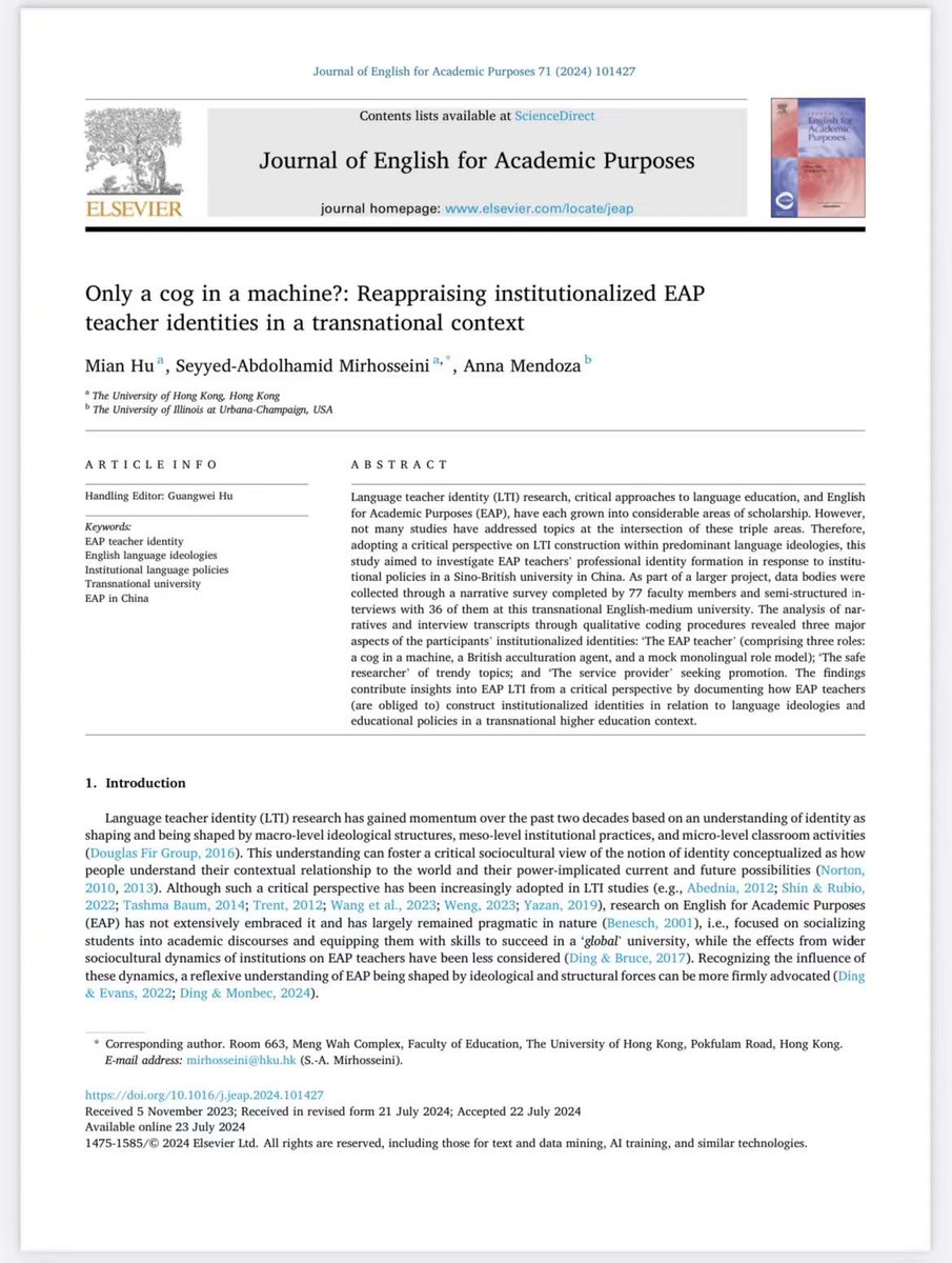 Mian Hu 胡勉 (@mianhututu) on Twitter photo Our latest article on EAP teacher identity, investigating LTI formation in response to institutional policies in a Sino-British university, on the intersection of LTI, EAP, and critical ELT.
<a href="/MirhosseiniSA/">Seyyed-Abdolhamid Mirhosseini</a>
Dr. Anna Mendoza
doi.org/10.1016/j.jeap… Our latest article on EAP teacher identity, investigating LTI formation in response to institutional policies in a Sino-British university, on the intersection of LTI, EAP, and critical ELT.
<a href="/MirhosseiniSA/">Seyyed-Abdolhamid Mirhosseini</a>
Dr. Anna Mendoza
doi.org/10.1016/j.jeap…