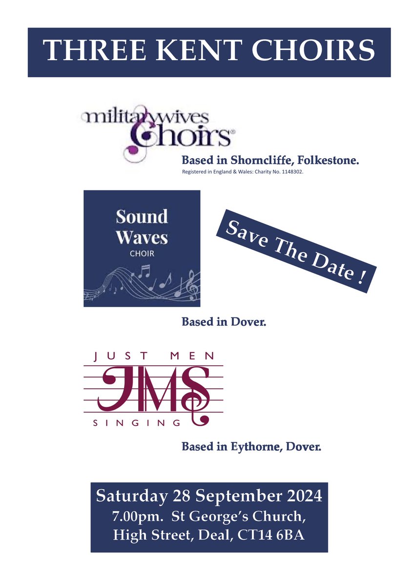 A date for your diaries and one that we are very much looking forward to! We will share a performance with Shorncliffe Military Wives Choir and Just Men Singing in Deal at St Georges Church, on Saturday 28th September at 7pm. Further details follow. Three Great choirs in one show