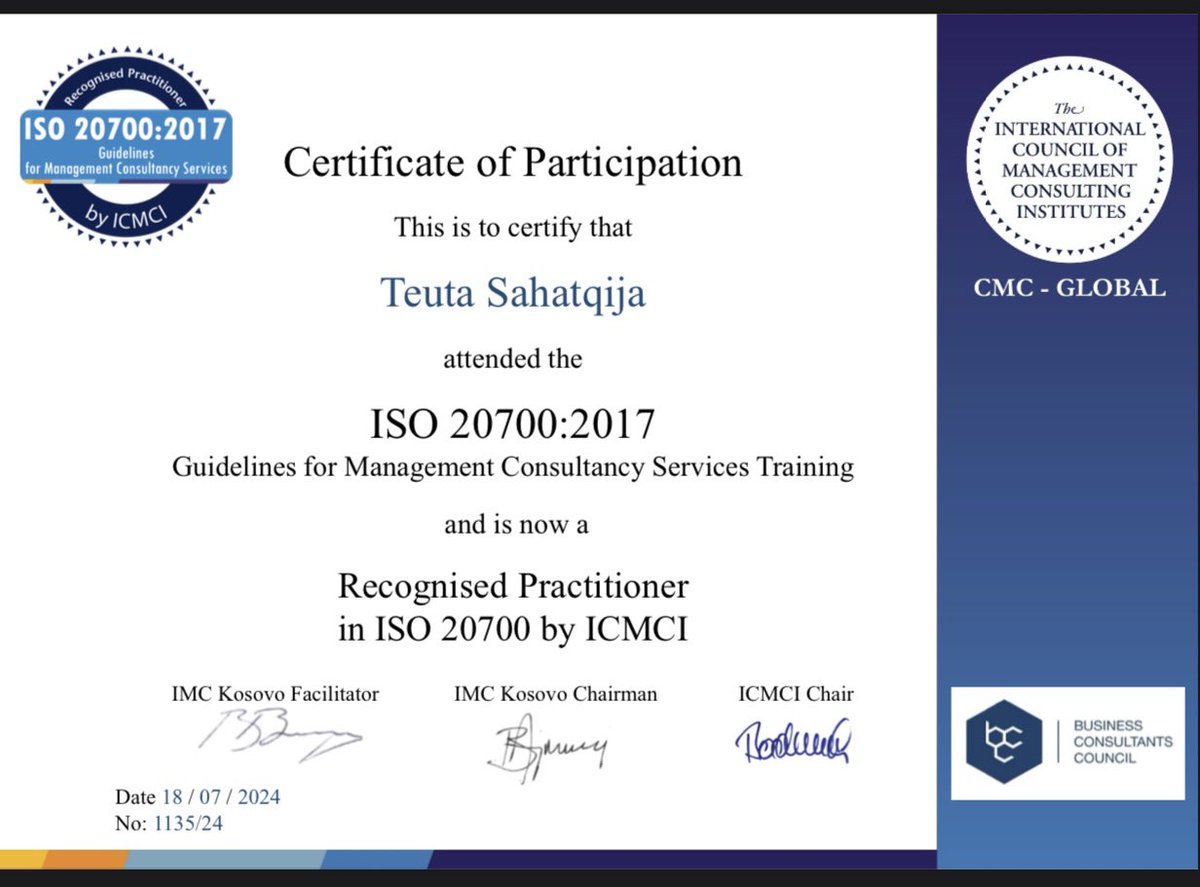 Happy to announce my new ISO 20700 certification from <a href="/CMC_ICMCI/">ICMCI CMC®</a> &amp; #BCC! This boosts the credibility of my consultancy at #TDSConsulting, and ensuring top-quality service for our clients. #ISO20700 #Consultancy #QualityService #ProfessionalGrowth