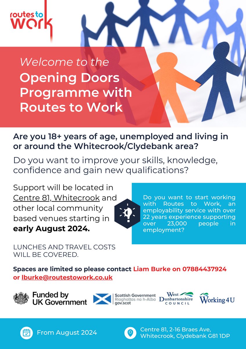 routestowork's tweet image. Our Opening Doors project supports clients over the age of 18 who are currently unemployed or underemployed living in Whitecrook, Clydebank to develop skills, knowledge, confidence and qualifications, increasing the likelihood of securing and sustaining employment.
Learn more ⬇️