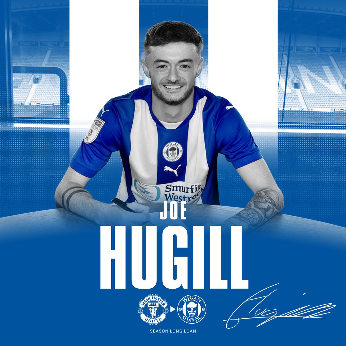 LaticsOfficial's tweet photo. 𝙃𝙚𝙡𝙡𝙤, 𝙃𝙪𝙜𝙞𝙡𝙡! 👋

We are delighted to confirm the signing of @ManUtd striker Joe Hugill on a season-long loan! 💙

#wafc 🔵⚪️