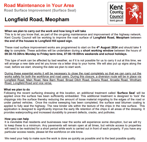 KentHighways's tweet photo. Meopham, Longfield Road: Road closed 4th August for 1 day (07:00-19:00) to allow for @KentHighways  surface sealing works between the end of the houses to Longfield Hill speed sign: https://t.co/T27lFeLtas https://t.co/Do4jRKNkct