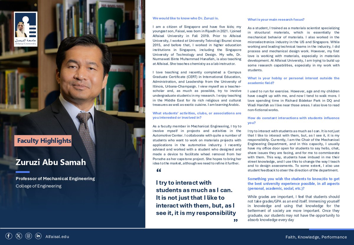 Alfaisaluniv's tweet photo. Get to know Dr. Zuruzi Abu Samah , Professor of Mechanical Engineering at #Alfaisal_University College of Engineering. #Faith_Knowledge_Performance
#Your_University_Your_Future