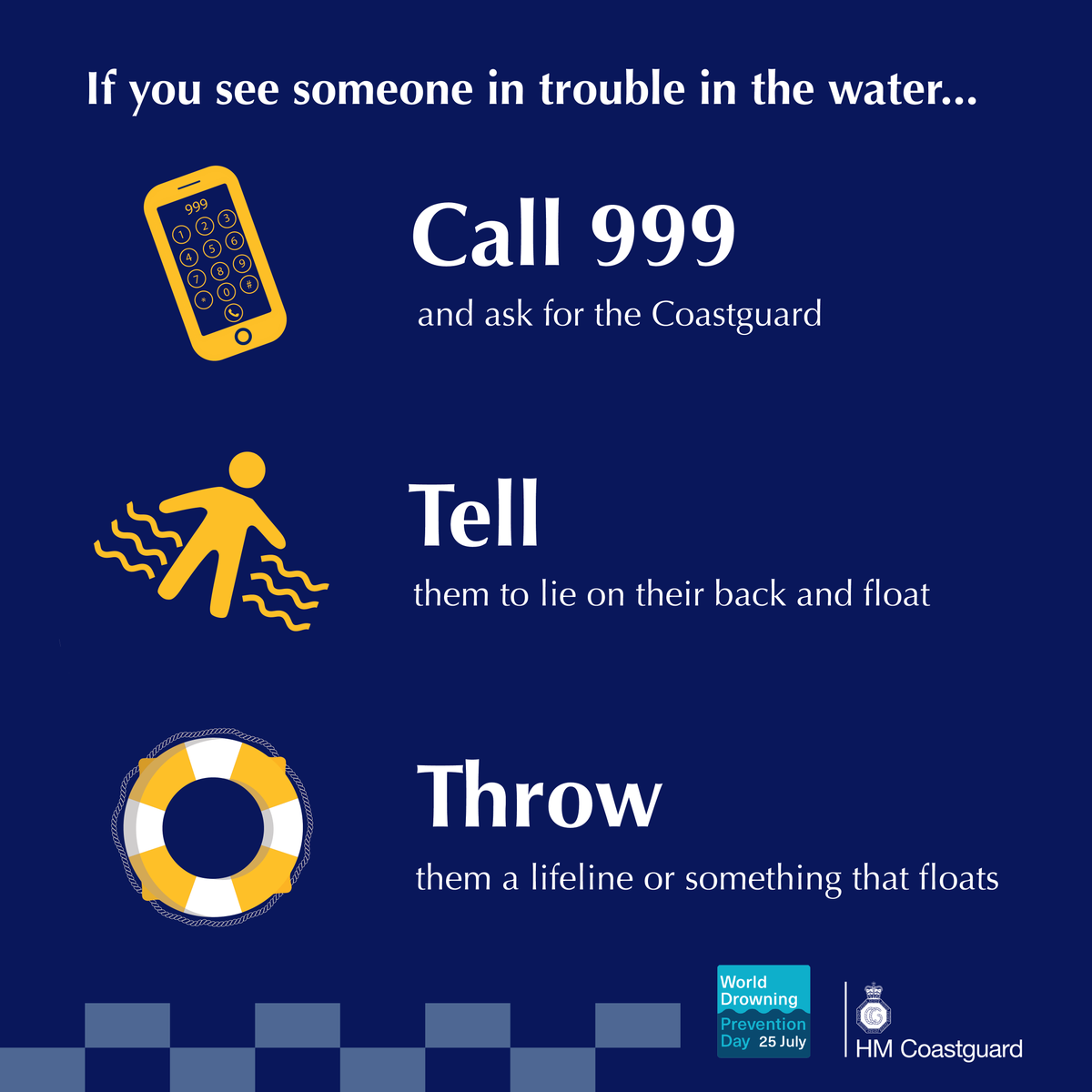 Today is World Drowning Prevention Day, a chance to raise awareness of the devastating impact of drowning and to share life-saving information.

No one should drown.

If you see someone in trouble in the water, follow the Call, Tell, Throw safety advice.

#DrowningPreventionDay