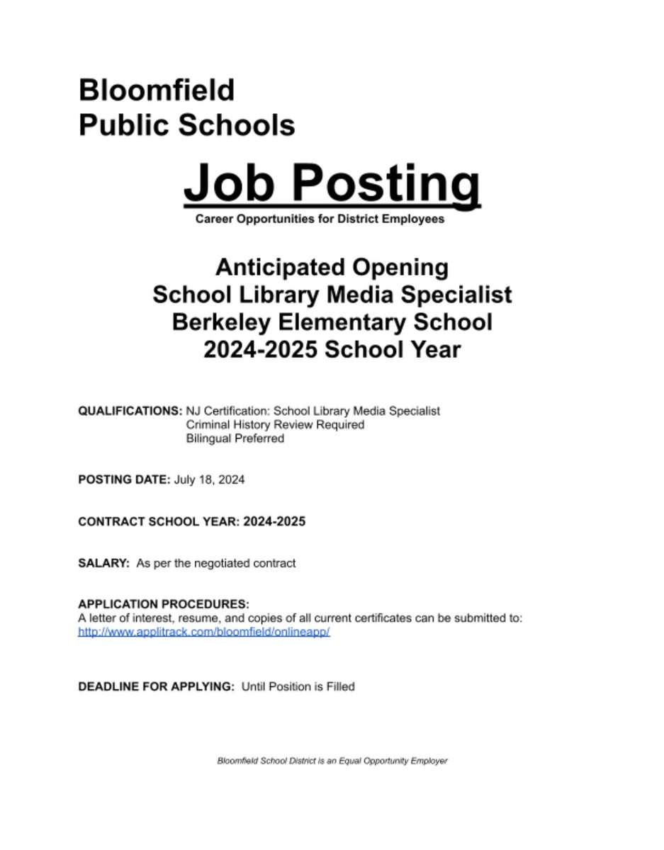 Know someone looking for an elementary media specialist position? We have an opening! Now accepting resumes on Applitrak from candidates certified in NJ as School Library Media Specialists.