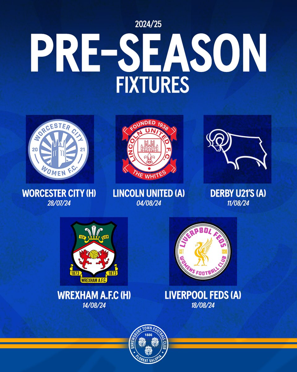 Shrewsbury Town Women (@shrewswomen) on Twitter photo ποΈ Fixtures confirmed!
We're pleased to confirm our pre-season fixtures ahead of the 2024/25 season.
We begin by hosting @WCFCWomen at The Community Pitch on <a href="/shrewsburytown/">Shrewsbury Town FC</a>'s Open Day!
π·πΆ #Salop ποΈ Fixtures confirmed!
We're pleased to confirm our pre-season fixtures ahead of the 2024/25 season.
We begin by hosting @WCFCWomen at The Community Pitch on <a href="/shrewsburytown/">Shrewsbury Town FC</a>'s Open Day!
π·πΆ #Salop