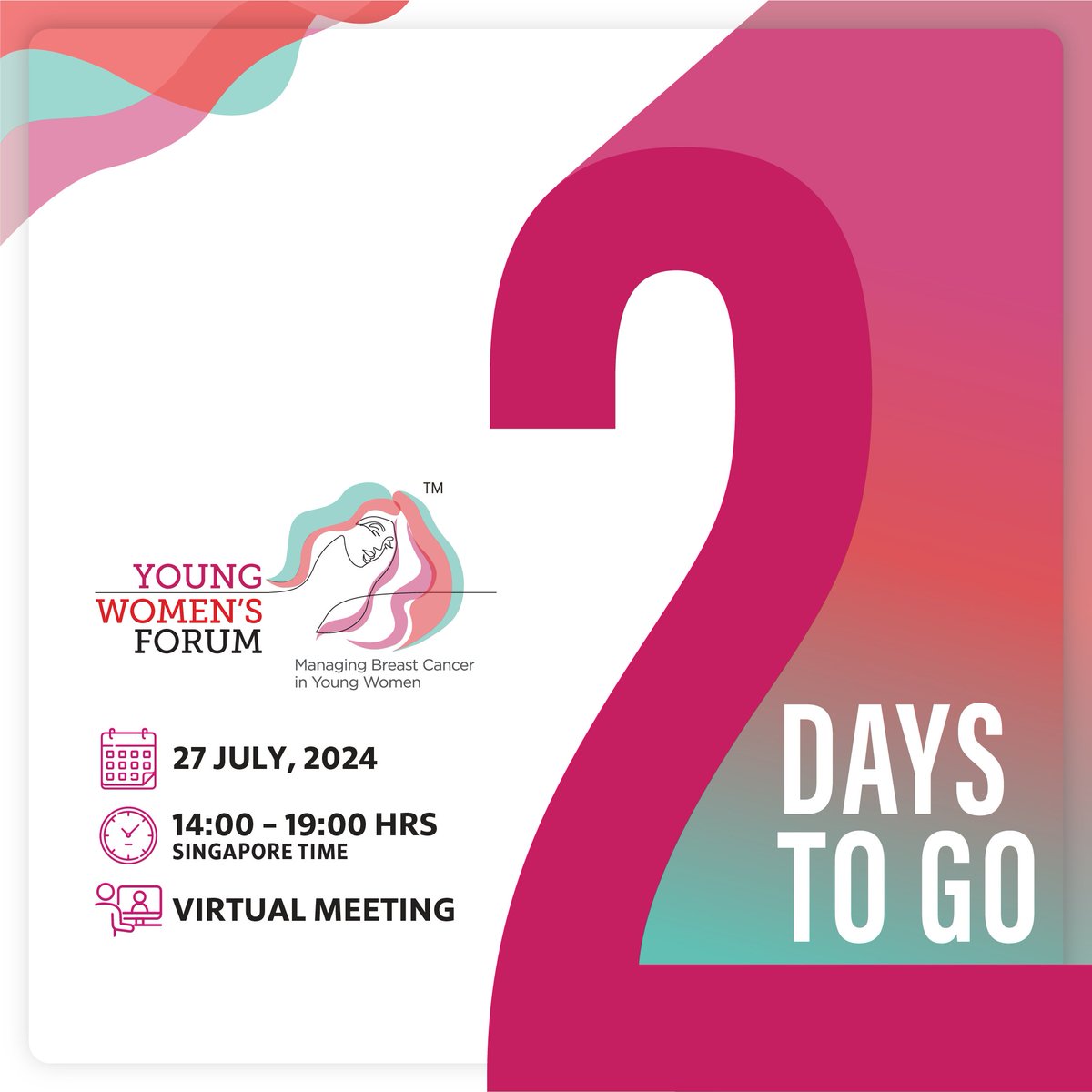 ywforum_'s tweet image. 🚨 Only 2 Days Left to Register for #YWF2024! 🚨
Join us on July 27, 2024, from 14:00 – 19:00 (Singapore Time) for a free, virtual CME event on managing breast cancer in young women.
Register now:🔗 ywforum.com/registration
#BreastCancer #MedicalOncology #VirtualConference #CME