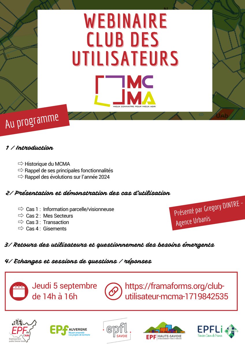 epfl74's tweet image. 🌟 Webinaire Annuel du Club des Utilisateurs MCMA 🌟

📅 5 septembre prochain 
🕚 11h - 12h

🚀 Inscrivez-vous dès maintenant pour ne pas manquer cet événement incontournable : lnkd.in/eWmdNeP6

Nous avons hâte de vous retrouver !🌐

#Webinaire #MCMA #EPF74 #foncier