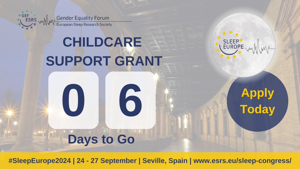 🚨 Less than ONE WEEK to apply for the Sleep Europe Childcare Support Grant!

If you're balancing childcare while planning to attend #SleepEurope2024 in Seville, this is for you! 

📅Deadline: 31 July
💵 Amount: Up to 500 euros
🔗 Apply Here: esrs.eu/grants-awards/…

#esrs
