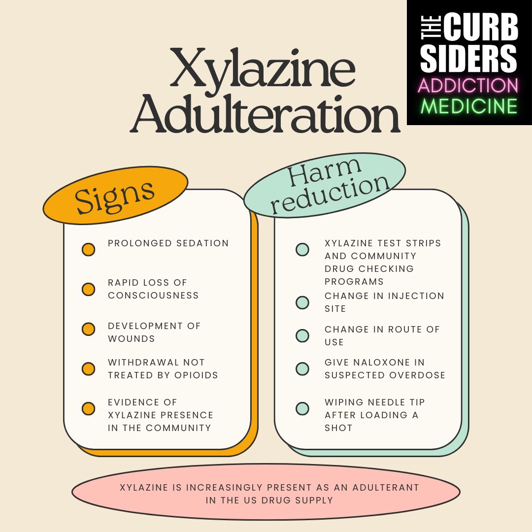 The Curbsiders (@thecurbsiders) on Twitter photo 🌠New from the #AddictionMed Team!
Ep #26: Addressing Adulterants (Xylaxine) in the Drug Supply
W/<a href="/Raaginizzle/">Raagini Jawa MD, MPH, FASAM</a> & <a href="/TehyaRJohnson/">Tehya *support harm reduction* Johnson, NP</a> Produced by <a href="/ZdaWP/">Zina Huxley-Reicher, MD</a>
We chat about:
💊Wound care tips
⭐️S/Sx of Xylazine exposure
📣Harm Reduction Tips
thecurbsiders.com/addiction
<a href="/ACAAMorg/">American College of Academic Addiction Medicine</a> 🌠New from the #AddictionMed Team!
Ep #26: Addressing Adulterants (Xylaxine) in the Drug Supply
W/<a href="/Raaginizzle/">Raagini Jawa MD, MPH, FASAM</a> & <a href="/TehyaRJohnson/">Tehya *support harm reduction* Johnson, NP</a> Produced by <a href="/ZdaWP/">Zina Huxley-Reicher, MD</a>
We chat about:
💊Wound care tips
⭐️S/Sx of Xylazine exposure
📣Harm Reduction Tips
thecurbsiders.com/addiction
<a href="/ACAAMorg/">American College of Academic Addiction Medicine</a>