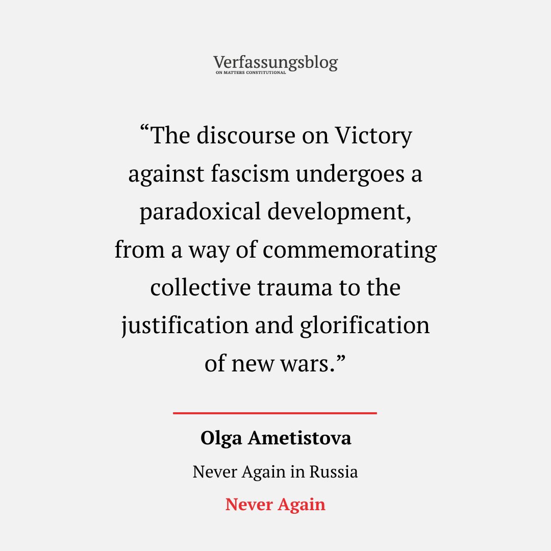 Verfassungsblog (@verfassungsblog) on Twitter photo As a final climax and perversion, the “never again” narrative in Russia serves as glorification of new wars.
OLGA AMETISTOVA explains how the Myth of Victory has been successfully used to justify a war of aggression:
verfassungsblog.de/never-again-in…
<a href="/WZB_Berlin/">WZB</a> <a href="/Runi_RCCC/">Rubinstein Center for Constitutional Challenges</a> <a href="/EUI_Schuman/">The Robert Schuman Centre</a> As a final climax and perversion, the “never again” narrative in Russia serves as glorification of new wars.
OLGA AMETISTOVA explains how the Myth of Victory has been successfully used to justify a war of aggression:
verfassungsblog.de/never-again-in…
<a href="/WZB_Berlin/">WZB</a> <a href="/Runi_RCCC/">Rubinstein Center for Constitutional Challenges</a> <a href="/EUI_Schuman/">The Robert Schuman Centre</a>