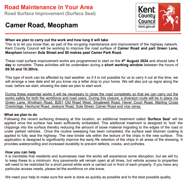 KentHighways's tweet photo. Meopham, Camer Road: Road closed 4th August for 1 day (09:30-15:30) to allow for @KentHighways surface sealing works between Sole Street and 50 meters past Camer Park Road: https://t.co/9G0hzLWObE https://t.co/MzaxZPMowh