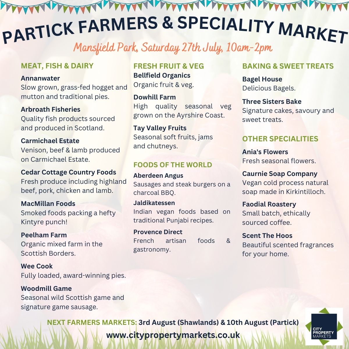 We're back in Partick on Saturday - find these traders at Mansfield Park from 10am-2pm. See you there! ☀️

citypropertymarkets.co.uk/markets/farmer… 

#CityPropertyMarkets #GlasgowMarkets #Glasgow #FarmersMarkets #GlasgowFarmersMarkets #GlasgowWestEnd #Partick #ShopLocal #WhatsOnGlasgow