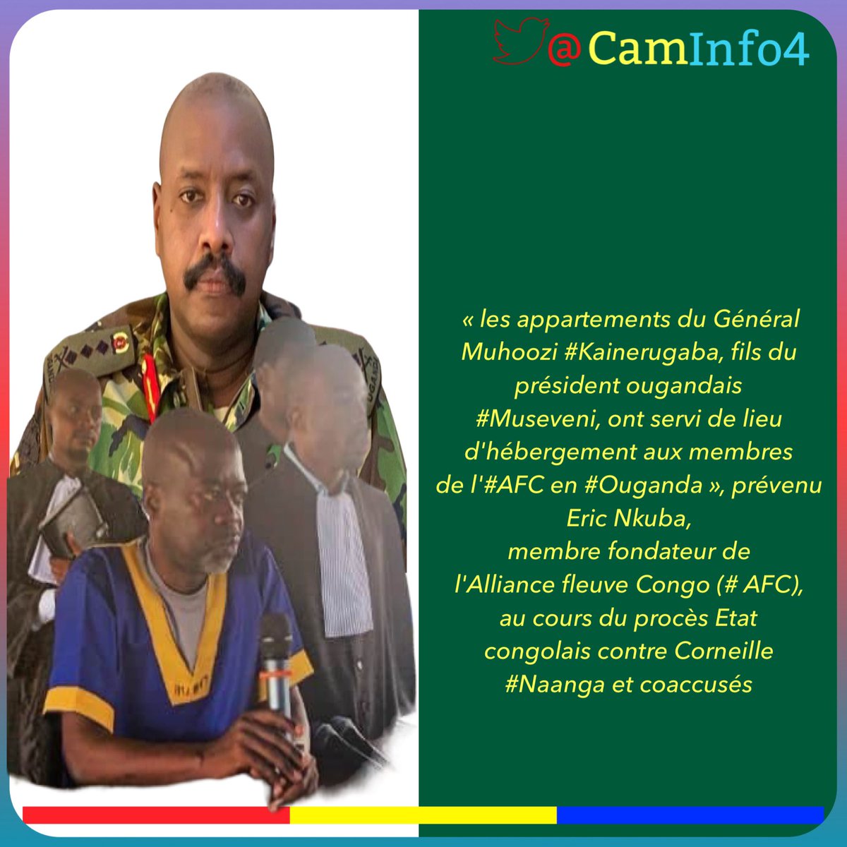 CamInfo4's tweet image. « les appartements du Général Muhoozi #Kainerugaba, fils du président ougandais #Museveni, ont servi de lieu d'hébergement aux membres de l'#AFC en #Ouganda », prévenu Eric Nkuba, membre fondateur de l'Alliance fleuve Congo (#AFC), au cours du procès Etat congolais contre