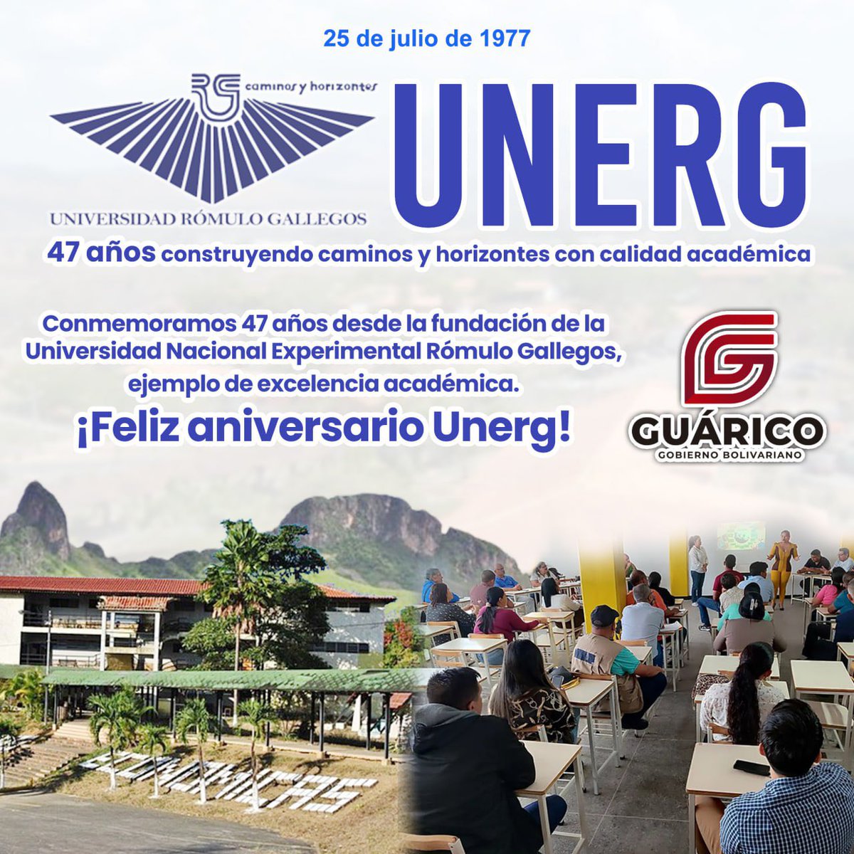 Mis felicitaciones a toda la comunidad Unergista <a href="/OficialUnerg/">Unerg Oficial</a> por los 47 años de la fundación de esta prestigiosa casa de estudios, ejemplo de excelencia académica y compromiso con la juventud  venezolana. ¡47 años construyendo caminos y horizontes!