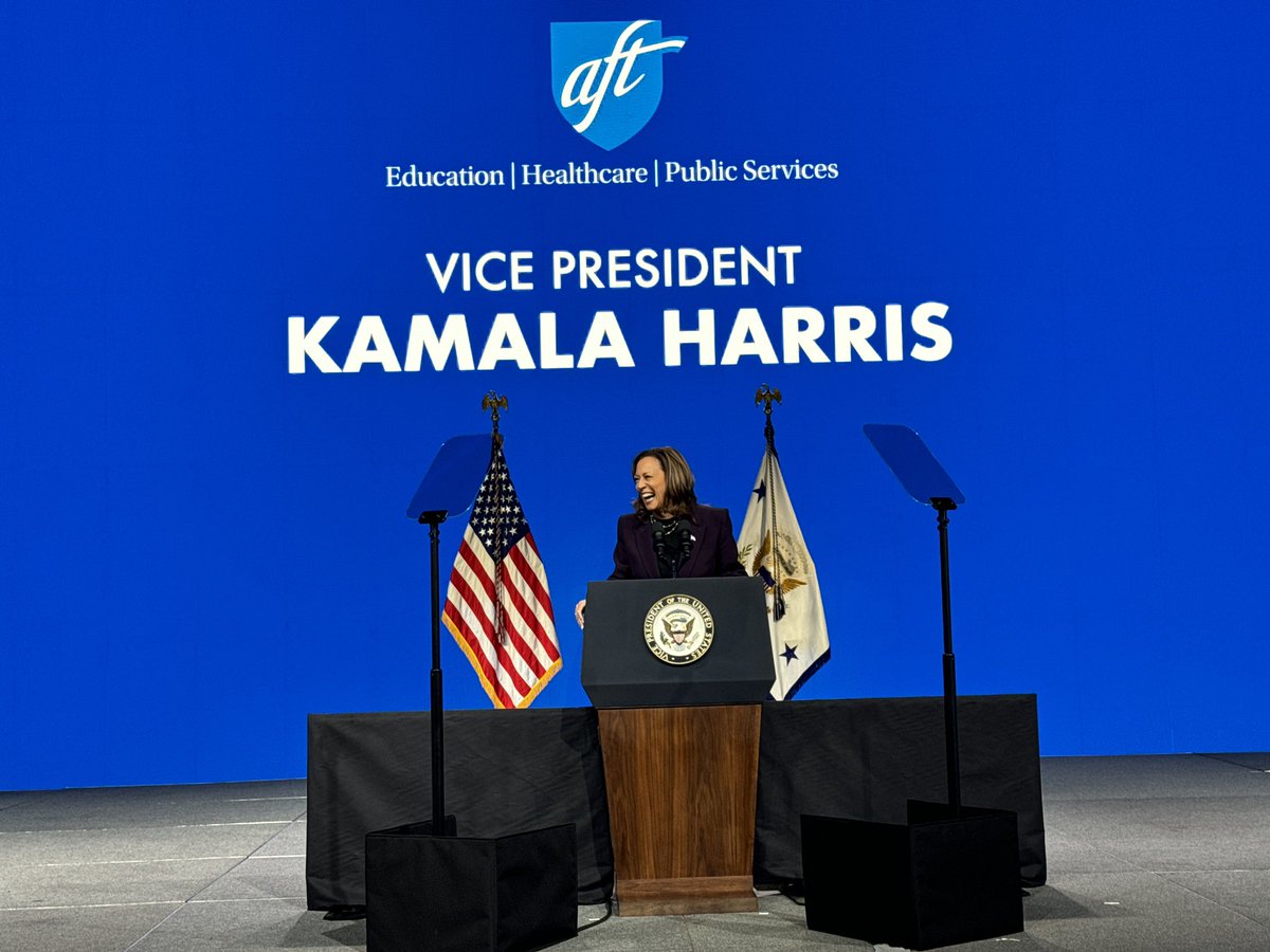 AFTunion's tweet photo. .@VP Harris: To the members of AFT, I thank you for your service to our nation. Public education and higher education workers to custodians to nurses and teachers, you do God’s work educating our children. It is you who have taken on the most noble of work. #RealSolutions https://t.co/ciTYhaXcY6