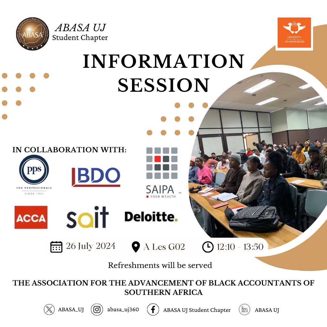 We are happy to announce that ACCA and SAIT will also be joining us for our Information Session on Friday!

See you there!🥳🥳✨

@deloitte @bdosouthafrica @saipacomms @pps_for_professionals @sataxprofessionals @acca.official