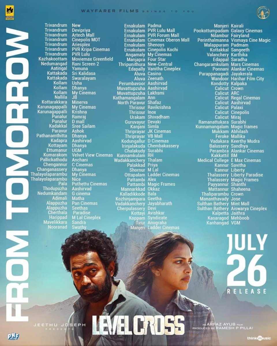 ArjunVcOnline's tweet photo. Here is #LevelCross theatre list.

Releasing tomorrow 🎉

#AsifAli #Sharaffudheen #AmalaPaul https://t.co/5OjoziCQU3