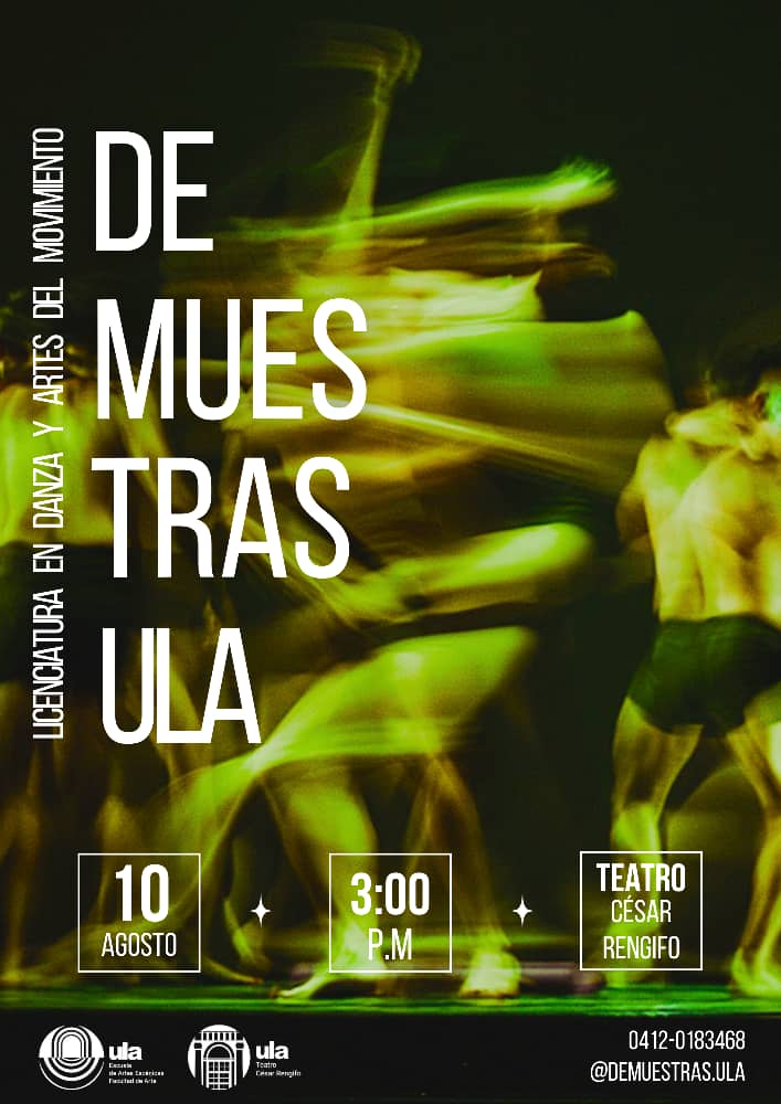 Empezamos con nuestra cuenta regresiva para este nuevo DEMUESTRAS 2024. Un espacio donde podrás disfrutar de las mejores muestras académicas de nuestra Licenciatura En Danza Y Artes Del Movimiento. 
10 agosto2024 
3:00pm 
Teatro César Rengifo 
Entradas 2 por 5$ y una por 3$