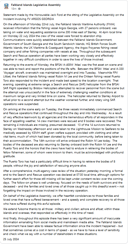 gav424's tweet photo. Statement made by the Honourable Jack Ford at the sitting of the #Falkland Islands Legislative Assembly on the Incident involving FV ARGOS GEORGIA https://t.co/V4Ir4iTisw
