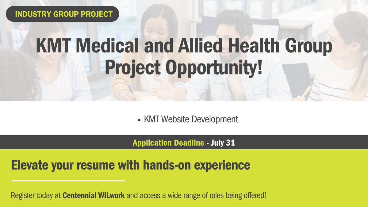 💡 Do you need ideas for your upcoming Capstone or group project?

Don't miss these fantastic industry group project opportunities and gain hands-on experience!

Interested? 🤩 Register here: bit.ly/4aZ7daZ

#CentennialWILwork #CareerDevelopment #CareerDevelopment 🚀